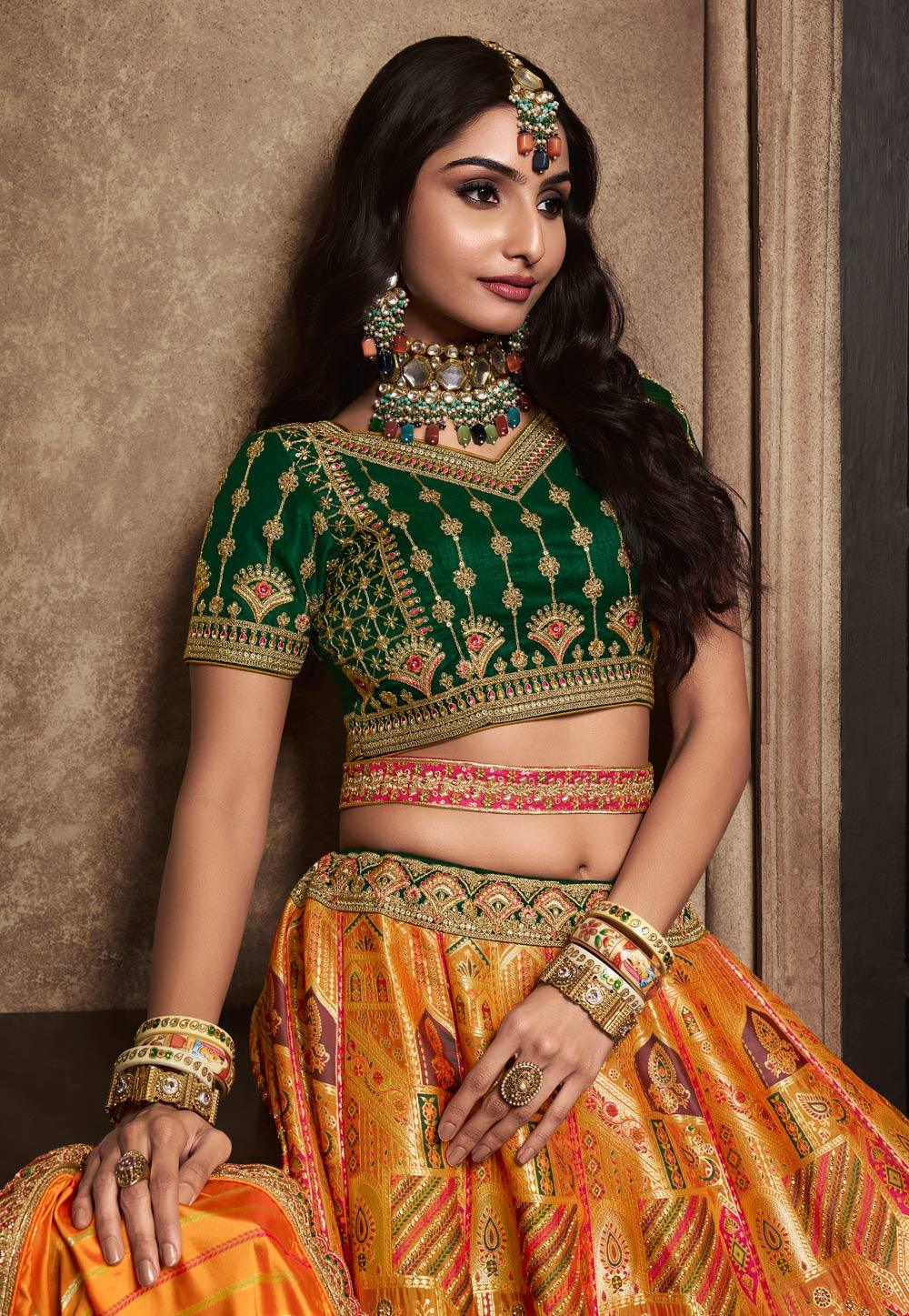 Orange Banarasi Silk Wedding Lehenga Choli Set Get Authentic Sale Online