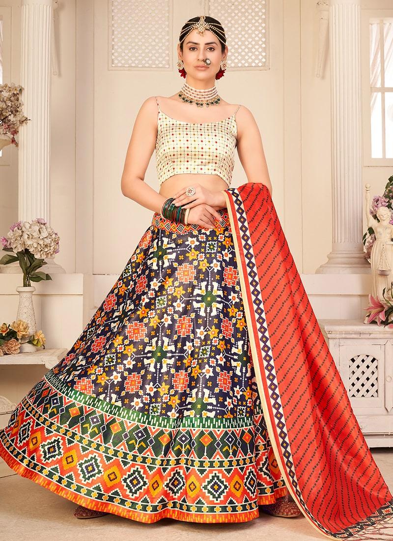 Digital Printed Sleeveless Blouse Scoop Neckline Cream Lehenga Choli Order Online