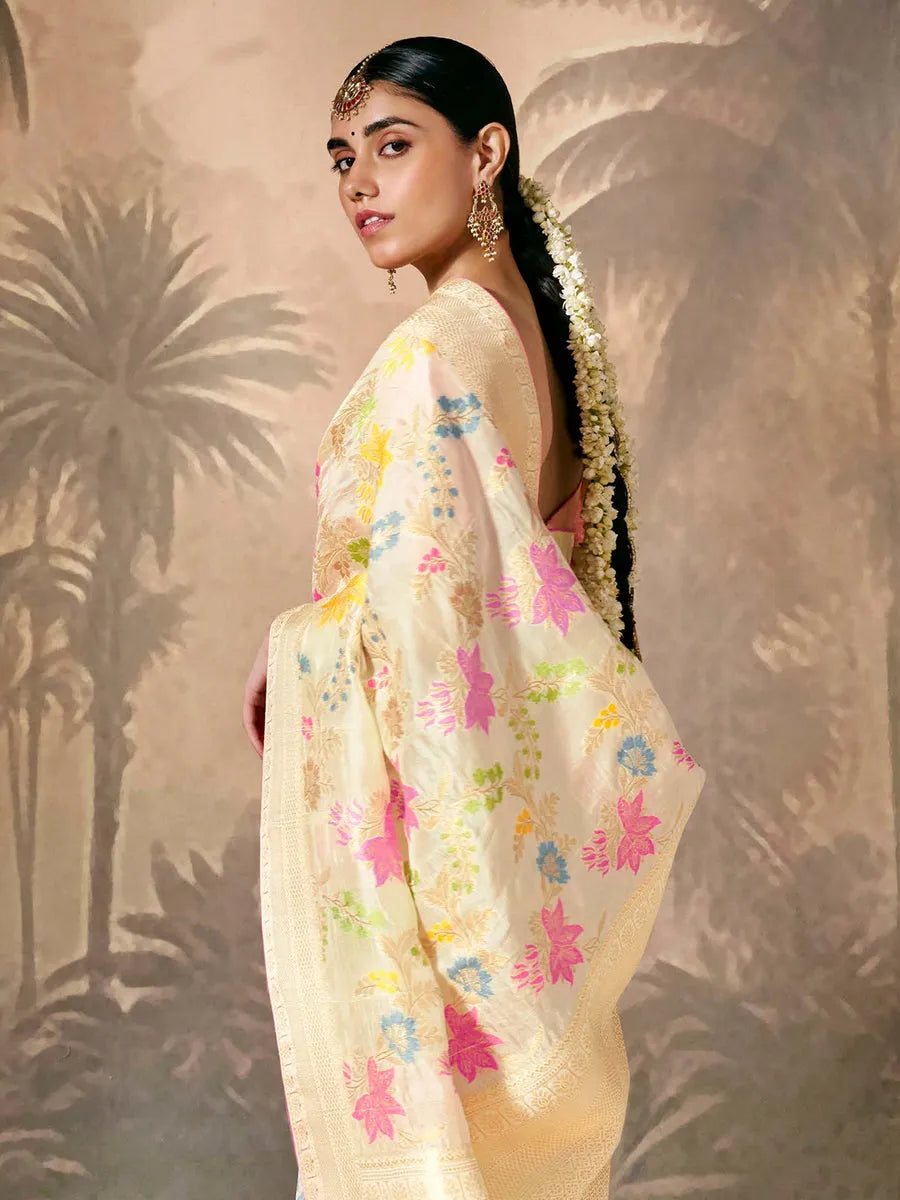 Superb Off-White Paithani Banarasi Silk Saree with Floral Motifs Sale Low Shipping Fee