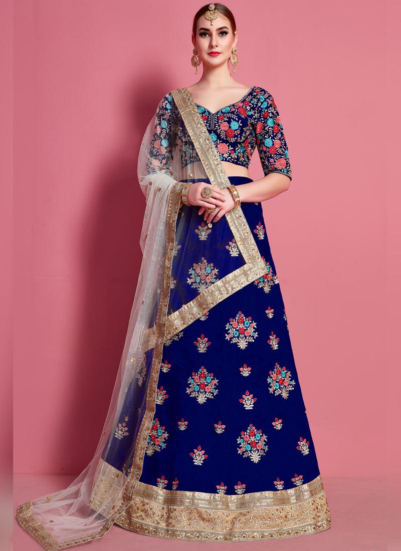 Navy Blue Floral Motif Art Silk Base Wedding Wears Lehenga Choli Sale 2025 Unisex