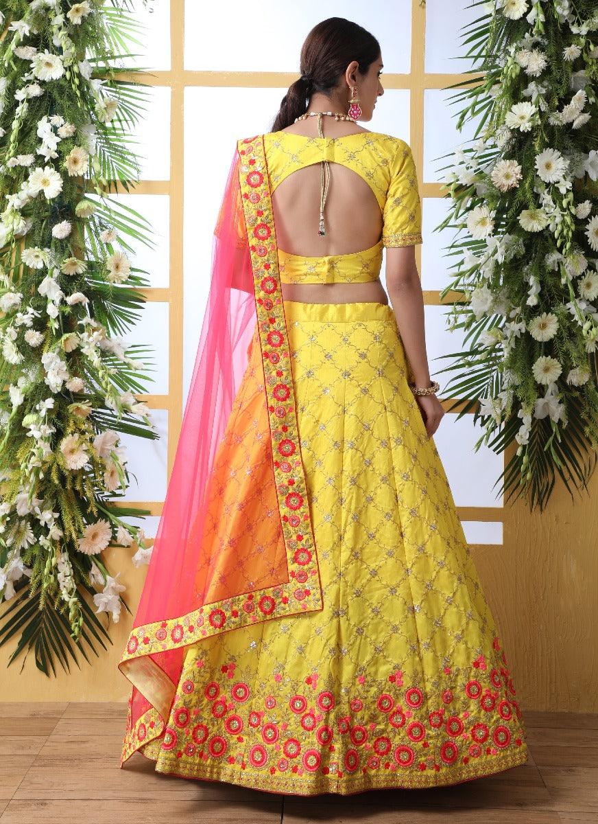 Stunning Yellow Resham Zari Work Lehenga Choli Set Real Cheap Online