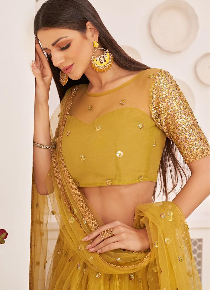 Ethnic Wear Yellow Color Soft Net Fabric Sequins Work Lehenga Cheap Sale Online