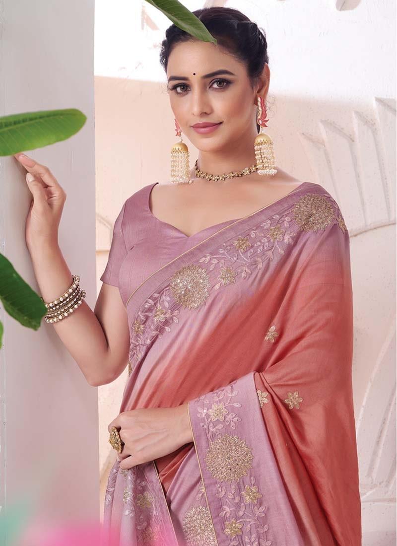 Terrific Look Dark Pink Color Silk Fabric Embroidered Saree Wiki For Sale