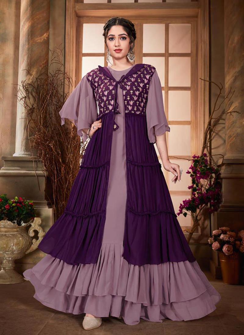 Purple Color Georgette Base Jacket Style Gown Buy Cheap Shop