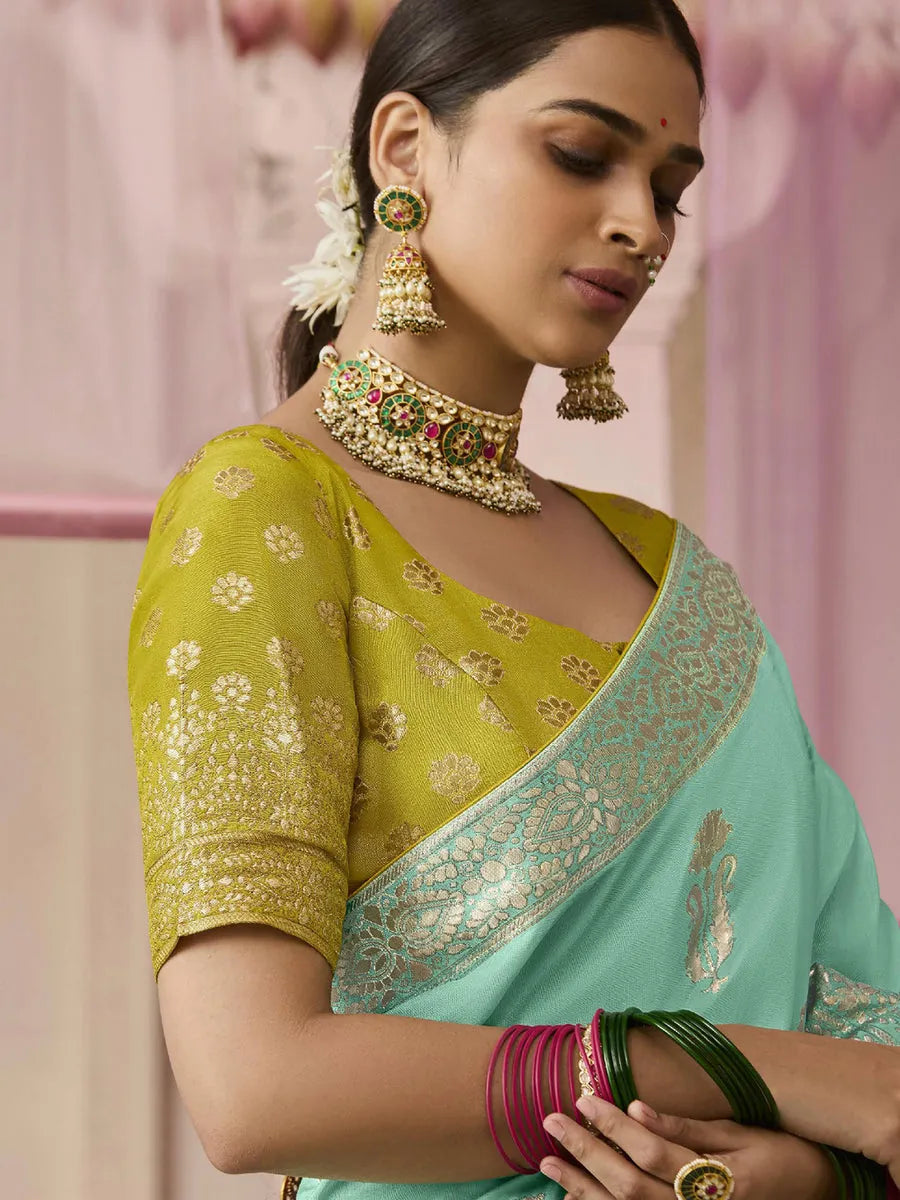 Mint Green Designer Silk Saree with Floral Weaving Work Fast Delivery For Sale