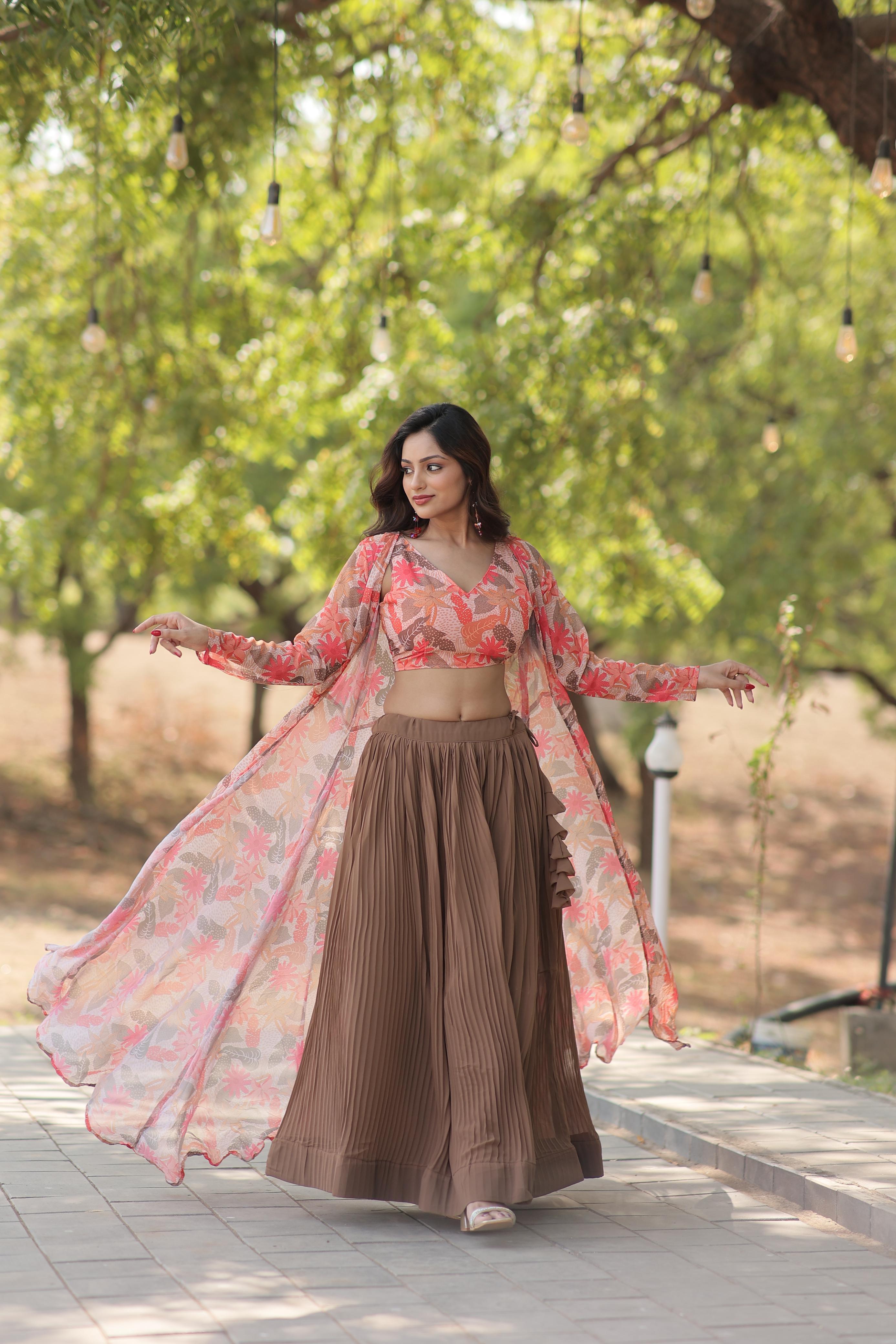 Stylish Crush Pleated Lehenga Choli Set With Floral Shrug Sale Low Shipping Fee