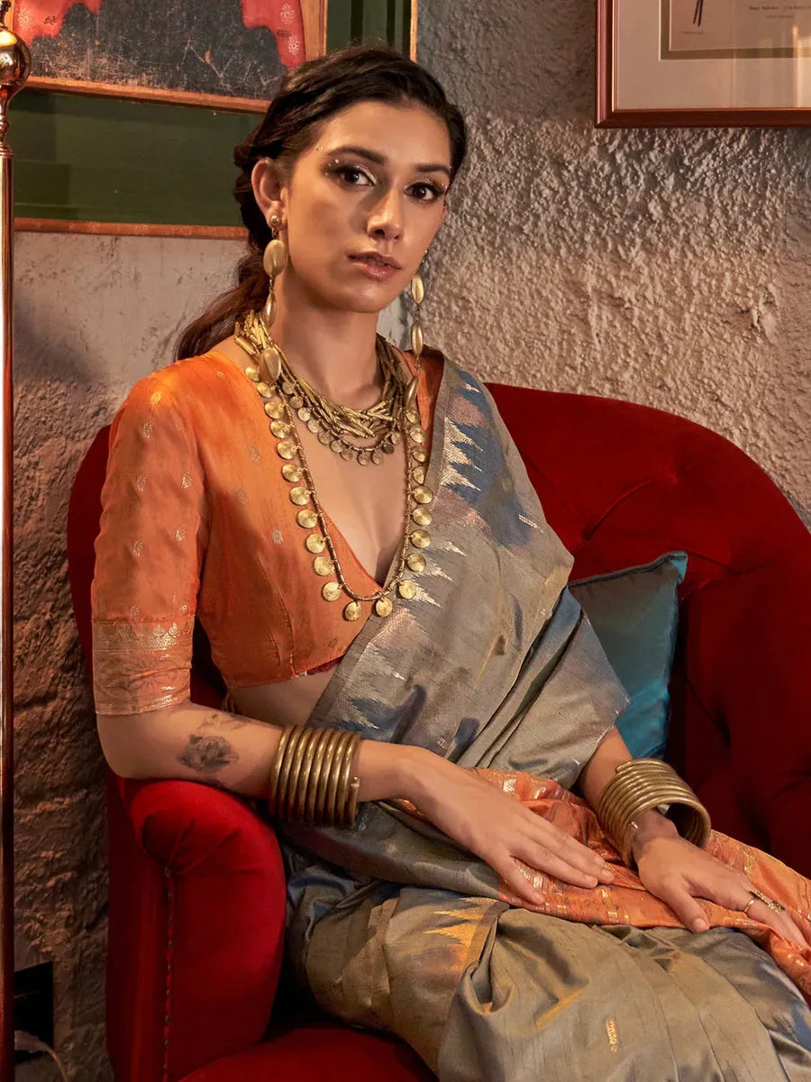 Fabulous Grey Tussar Silk Handloomed Saree Get Authentic