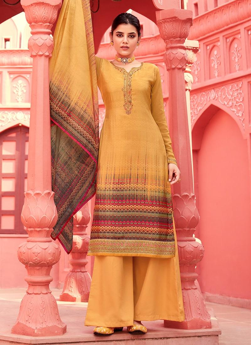 Yellow Color Crepe Fabric Full Sleeves Printed Palazzo Suit 100% Guaranteed