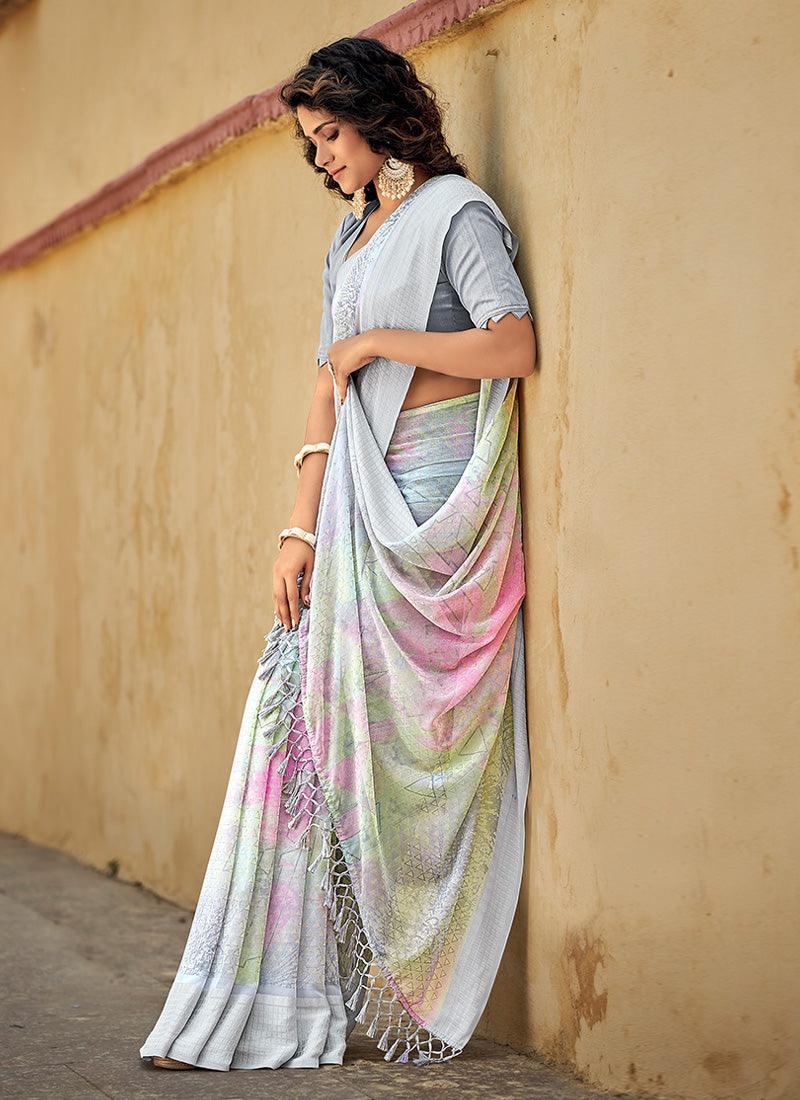 Deep Neckline Light Blue Printed Classic Saree Tumblr Cheap Pice