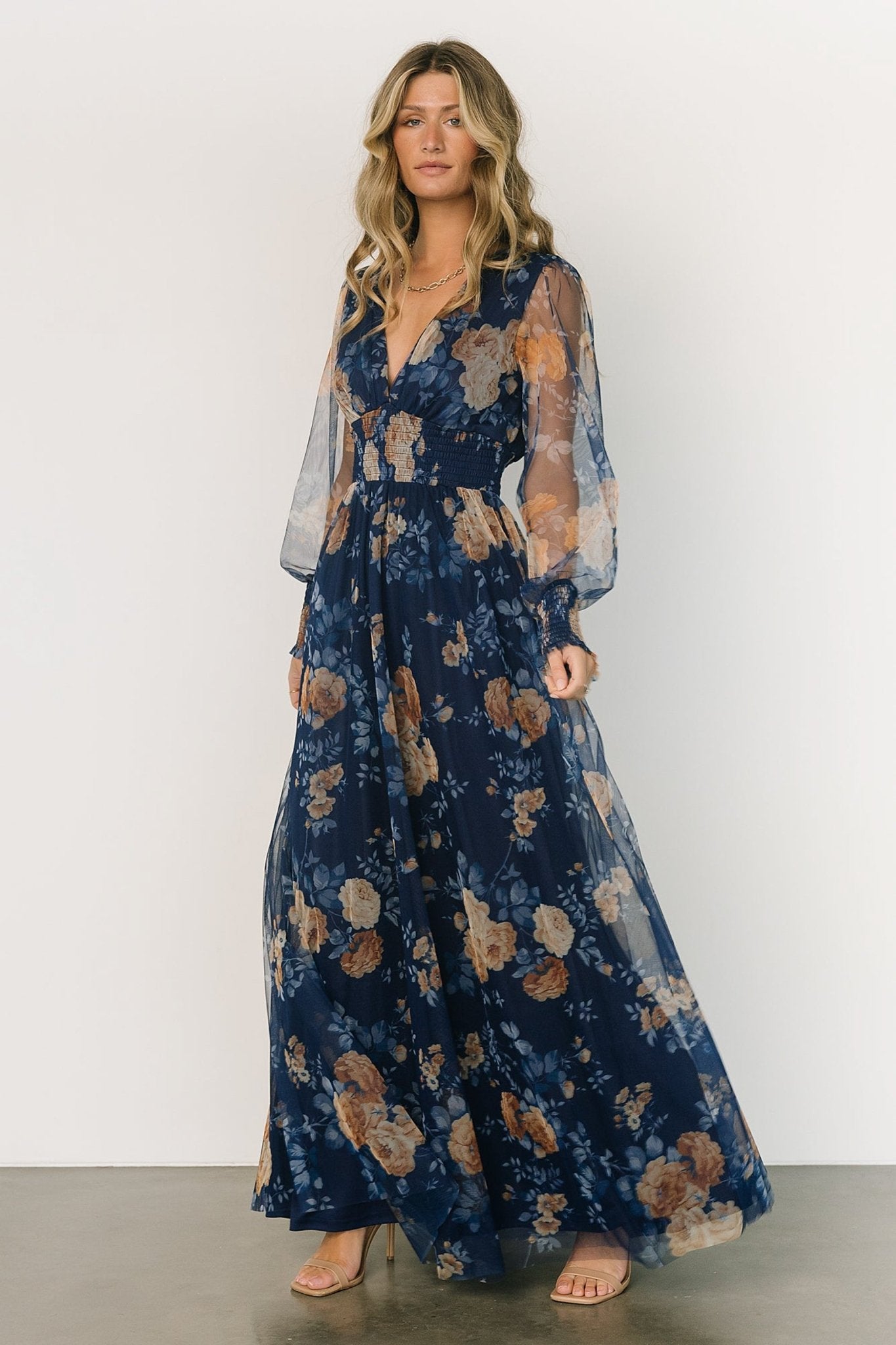 Layla Tulle Maxi Dress | Blue + Golden Floral For Sale Wholesale Pice