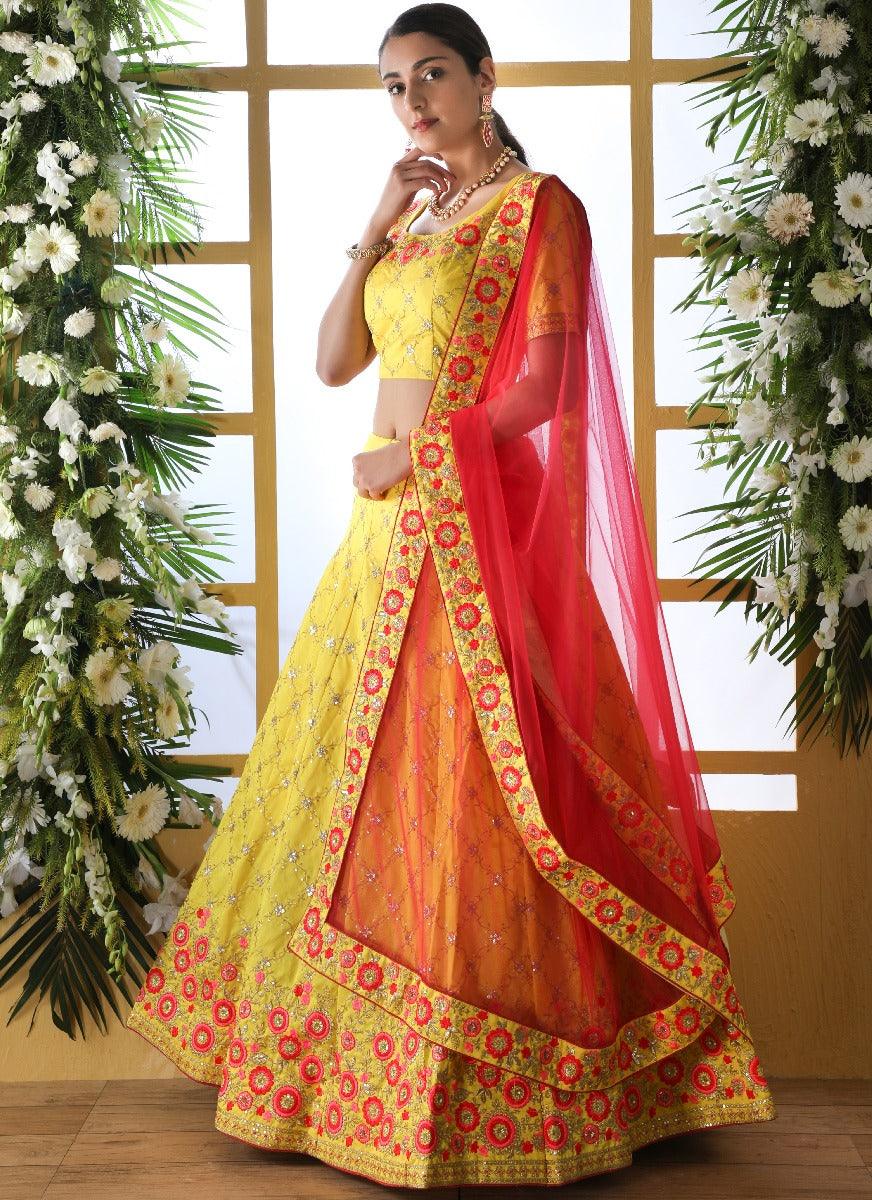 Stunning Yellow Resham Zari Work Lehenga Choli Set Real Cheap Online