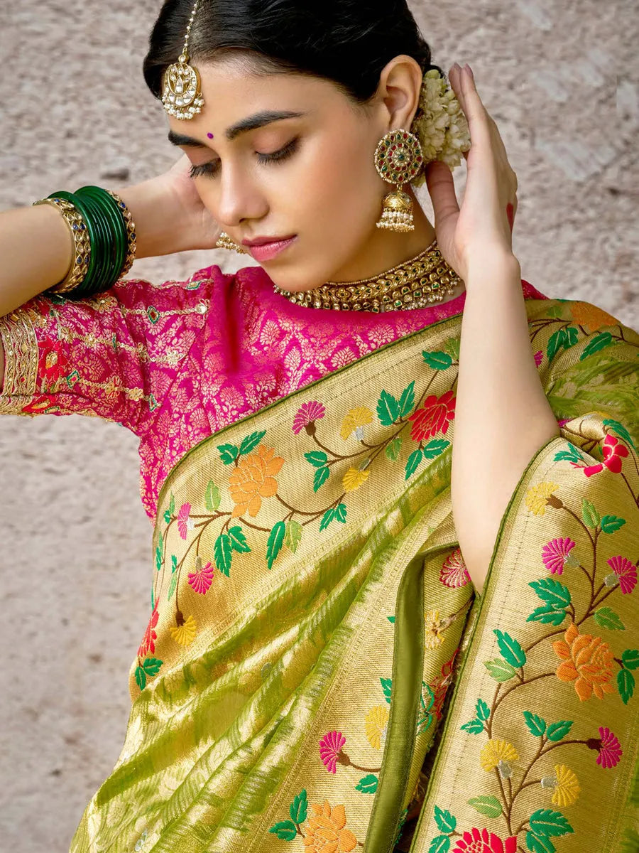 Comforting Light Green Banarasi Silk Saree Floral Embroidered Shop Offer Cheap Online