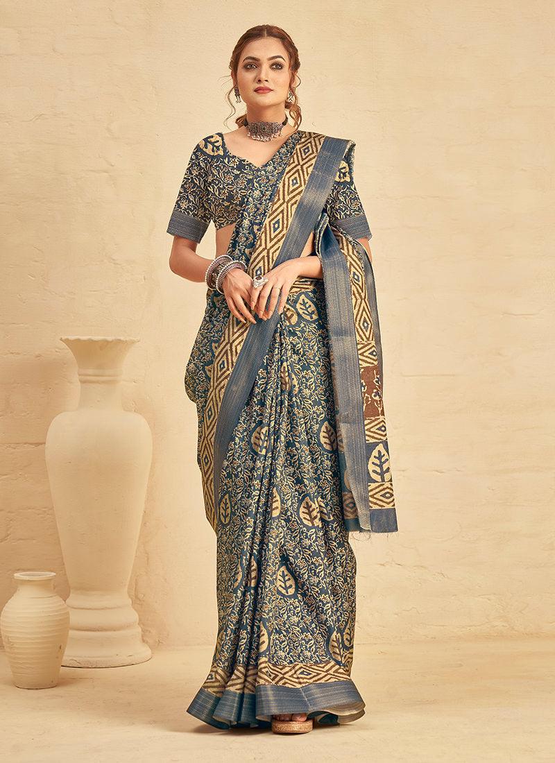 Silk With Digital Print Blue Saree Outlet Genuine