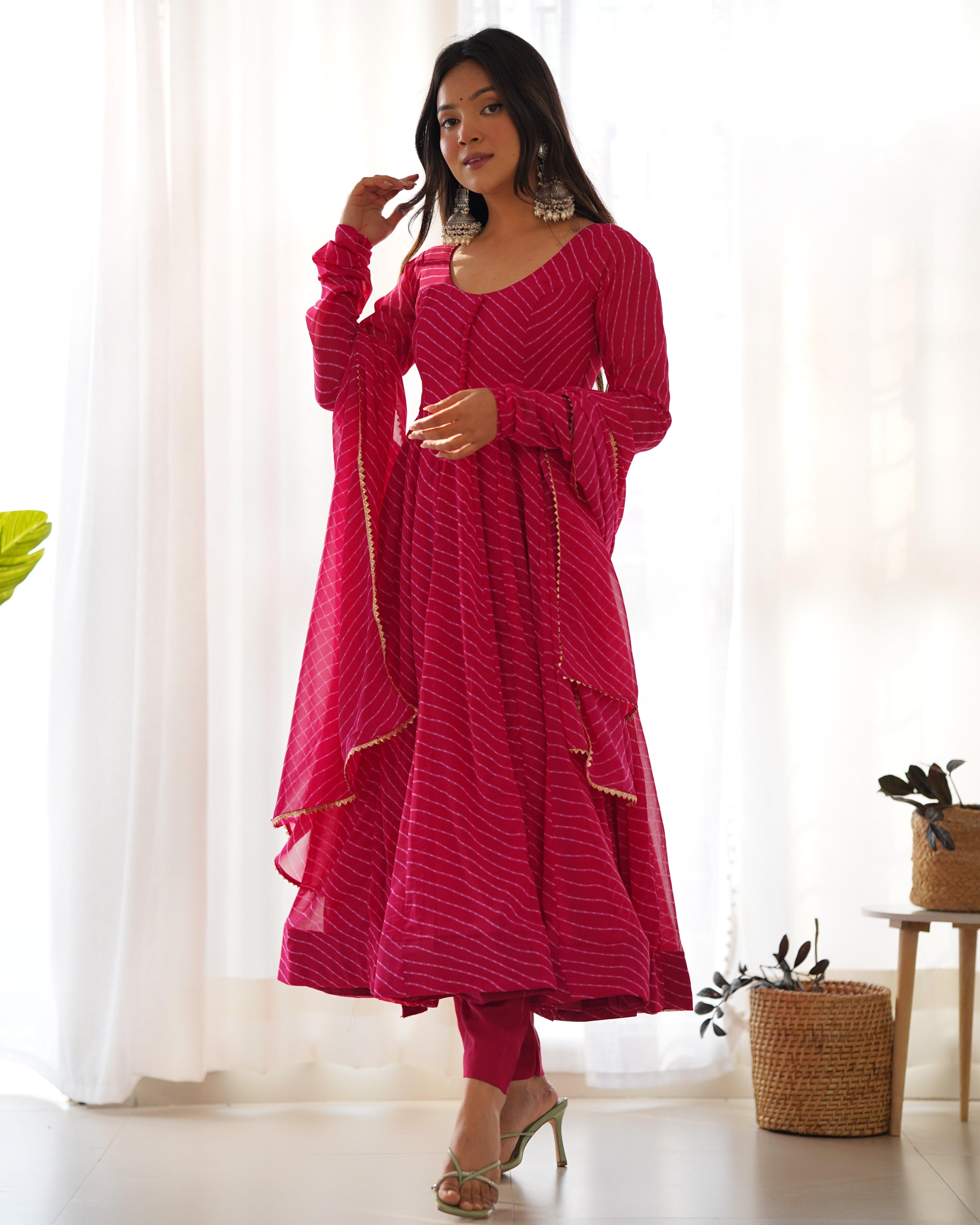 Rani pink color georgette laheriya printed anarkali suit with dupatta Manchester Sale Online