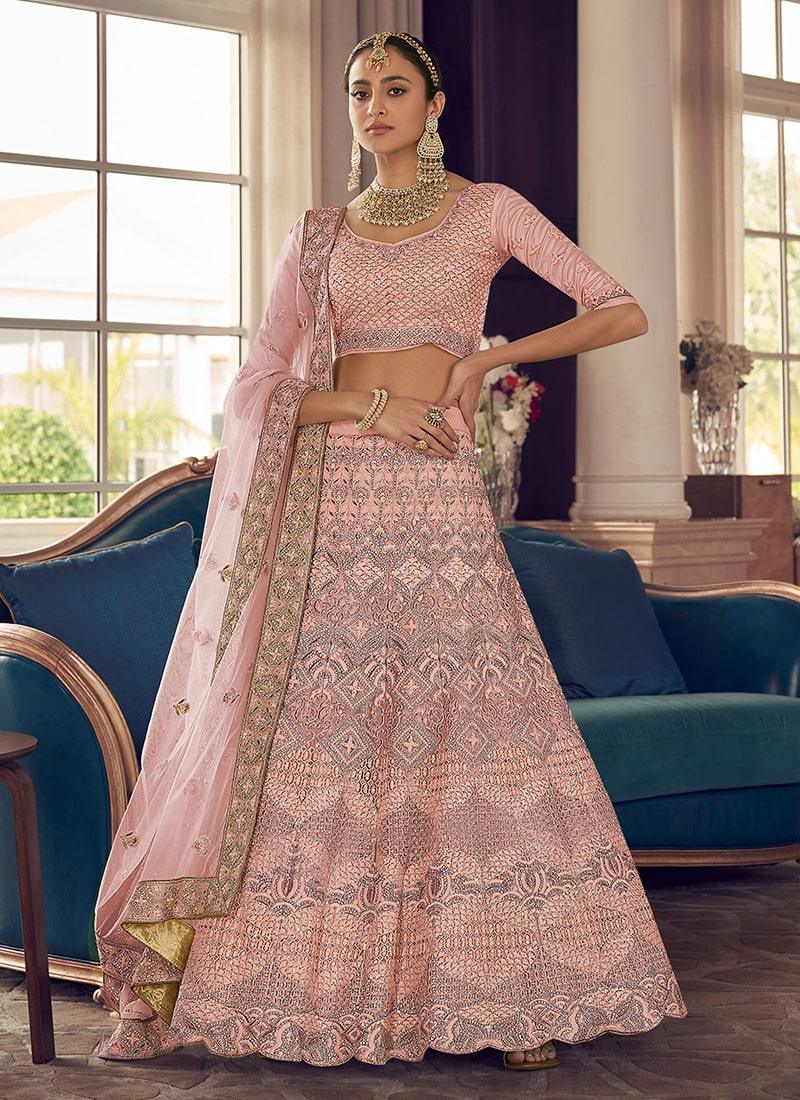 Heavy Thread And Zarkan Work Peach Color Bridesmaid Lehenga Choli Extremely For Sale