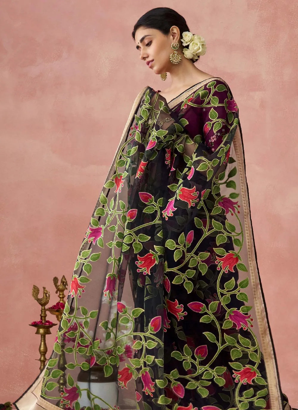 Black Organza Printed Woven Worked Designer Saree For Sale Online