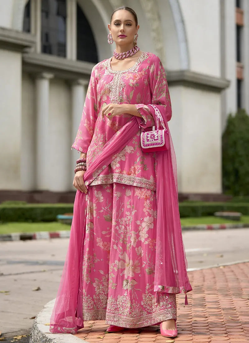 Designer Rich Pink Embroidered and Printed Palazzo Suit Discount Best Seller