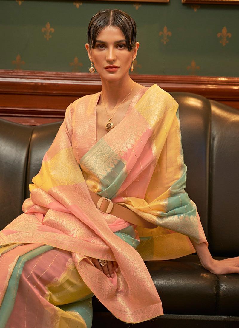 Peach Color Organza Base Silk Weave Work Saree 2025 Newest Cheap Online