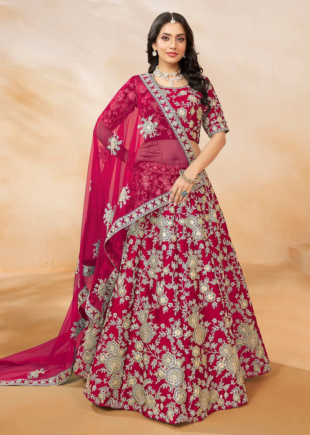 Charming and Gorgeous Pink Embroidered Art Silk Lehenga Choli Supply Online