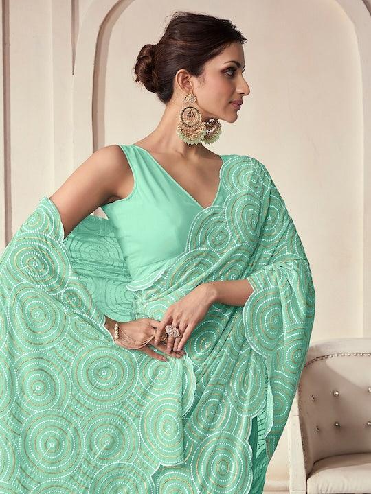 Aqua blue Georgette Sequined and Embroidered saree Cheap Discount Sale