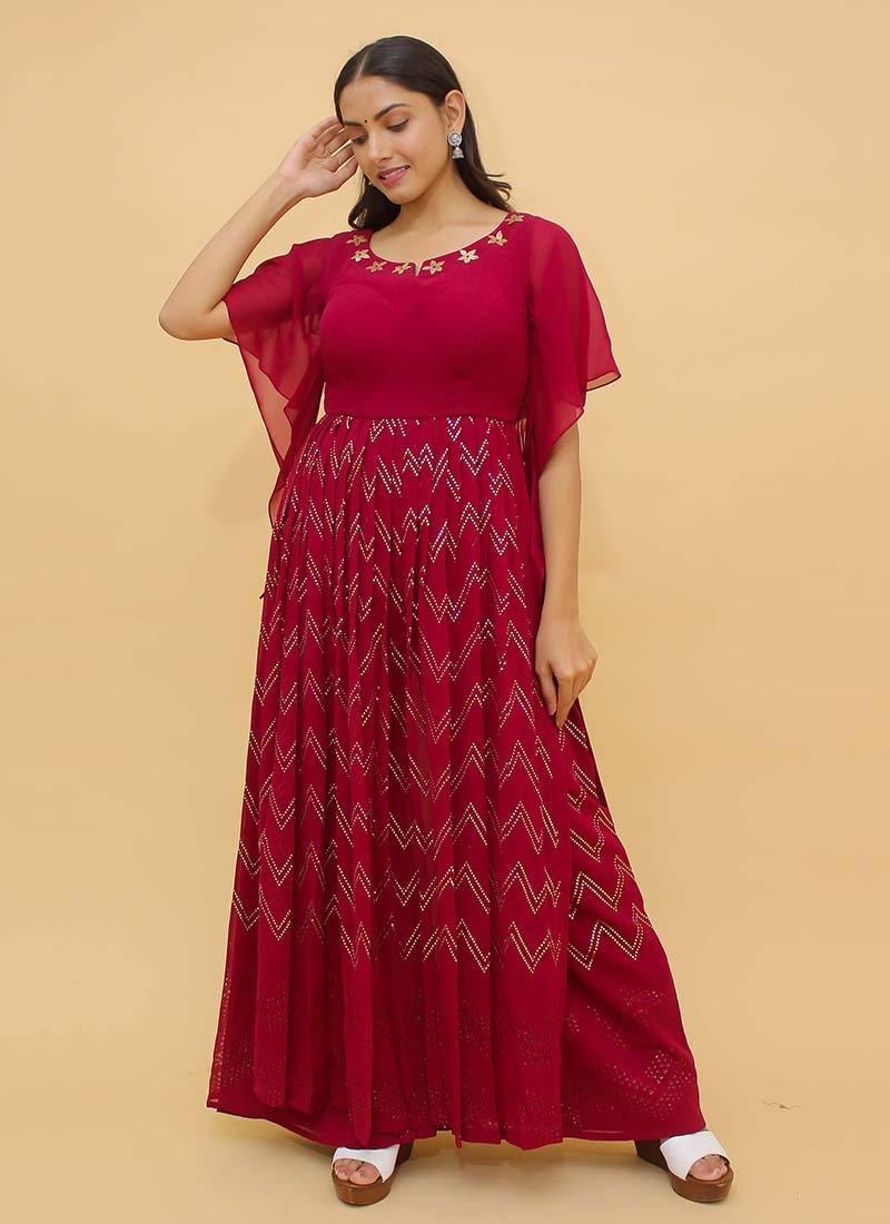 Ritzy Looking Red Color Georgette Fabric Anarkali Salwar Suit Popular Cheap Online