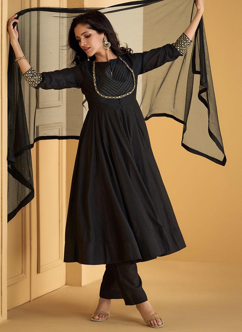 Black Pure Silk Embellished Worked Designer Anarkali Pant Suit Buy Authentic Online