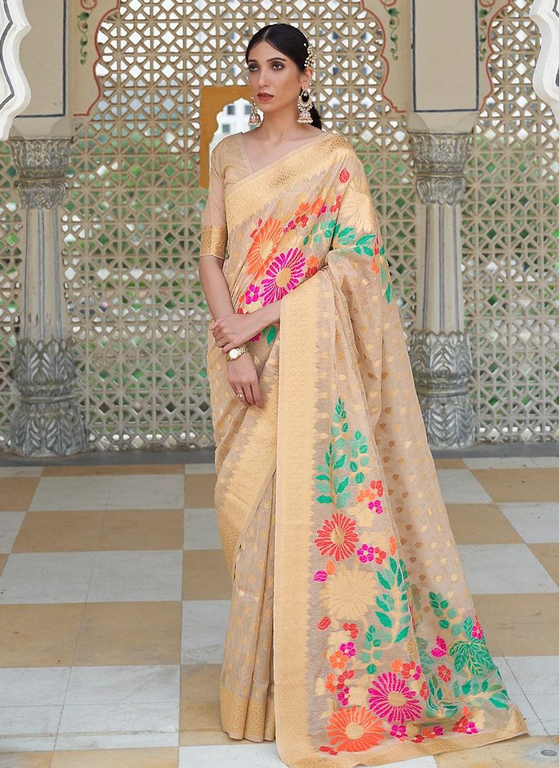 Exquisite Look Beige Color Linen Fabric Silk Weave Embroidered Saree Real Sale Online