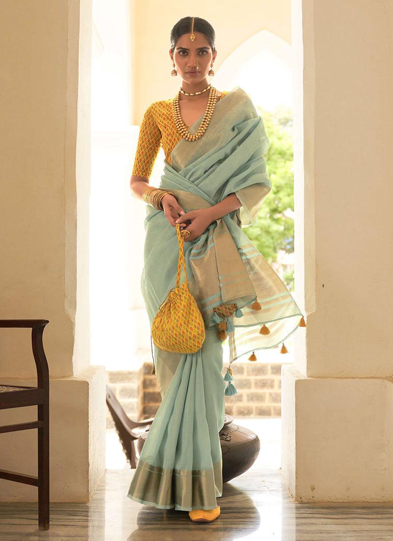 Turquoise Organza Saree With Contrast Blouse Eastbay Cheap Online