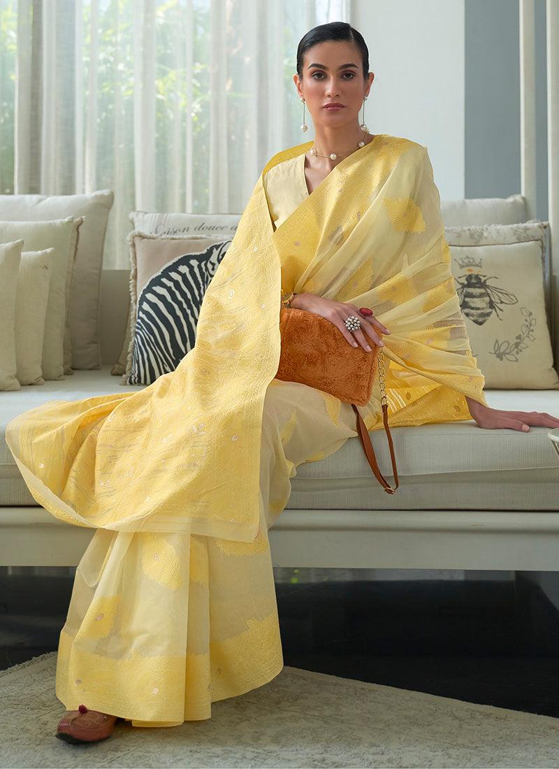 Silk Base Low Cut Neck Lemon Yellow Saree Buy Cheap Pre Order