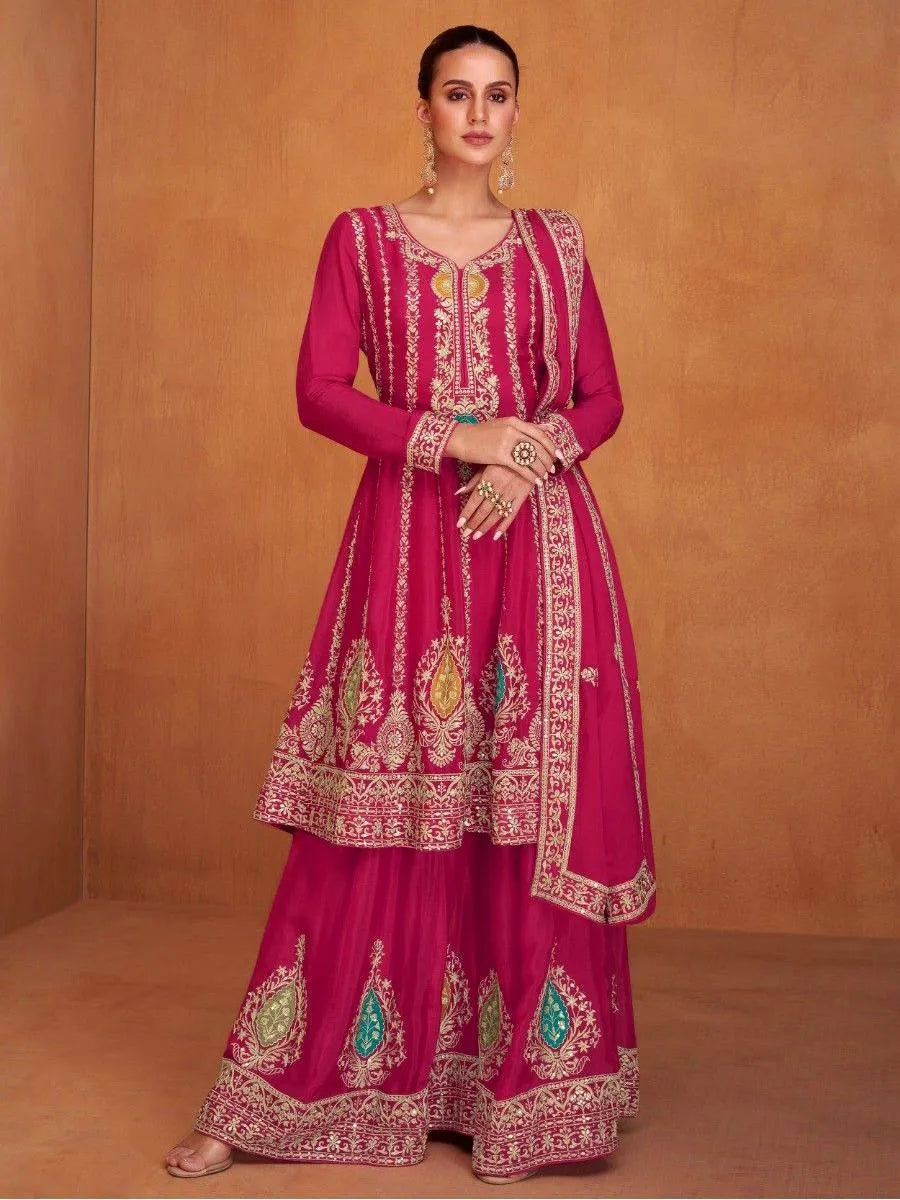 Fabulous Dark pink Chinon Embroidered Palazzo Suit Cheap Best Place