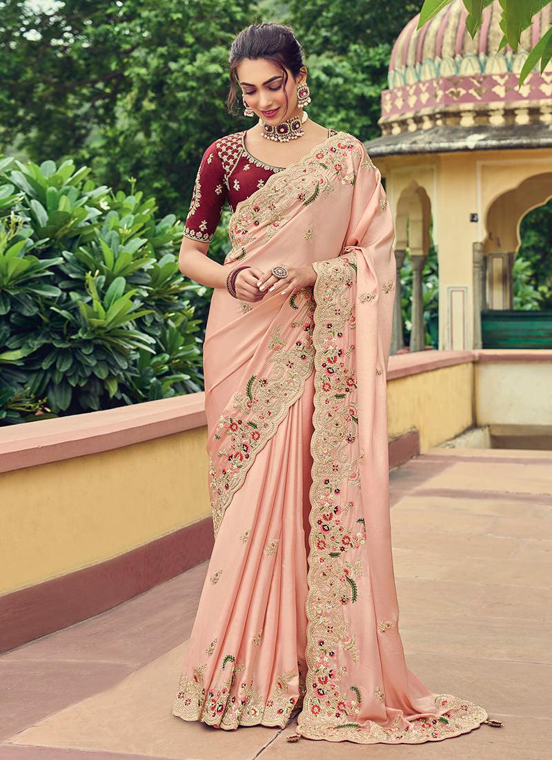 Peach Color Embroidered Organza Saree Fast Delivery Cheap Online