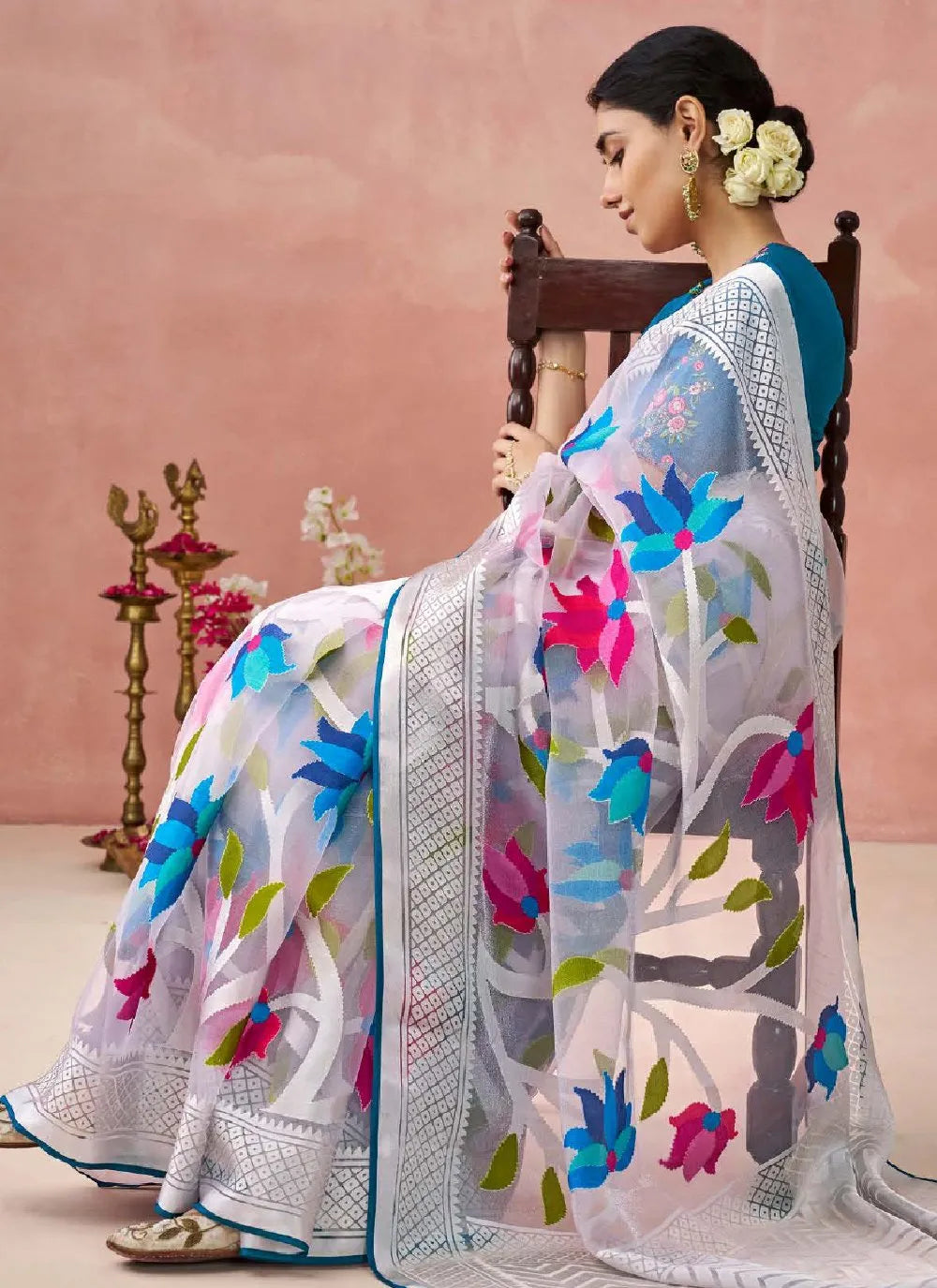 Off White Organza Printed Woven Worked Designer Saree Genuine For Sale