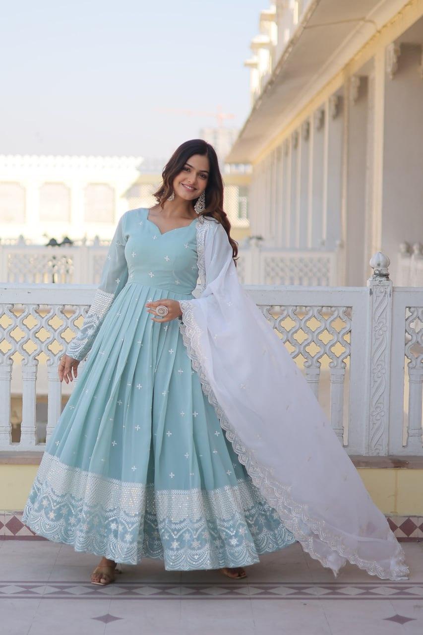 Sky Blue Faux Georgette Thread Sequins Embroidered Gown Cheap Sale Latest Collections