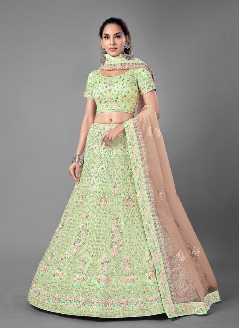 Soft Net Base With Heavy Work Pista Green Lehenga Choli Cheap Get Authentic