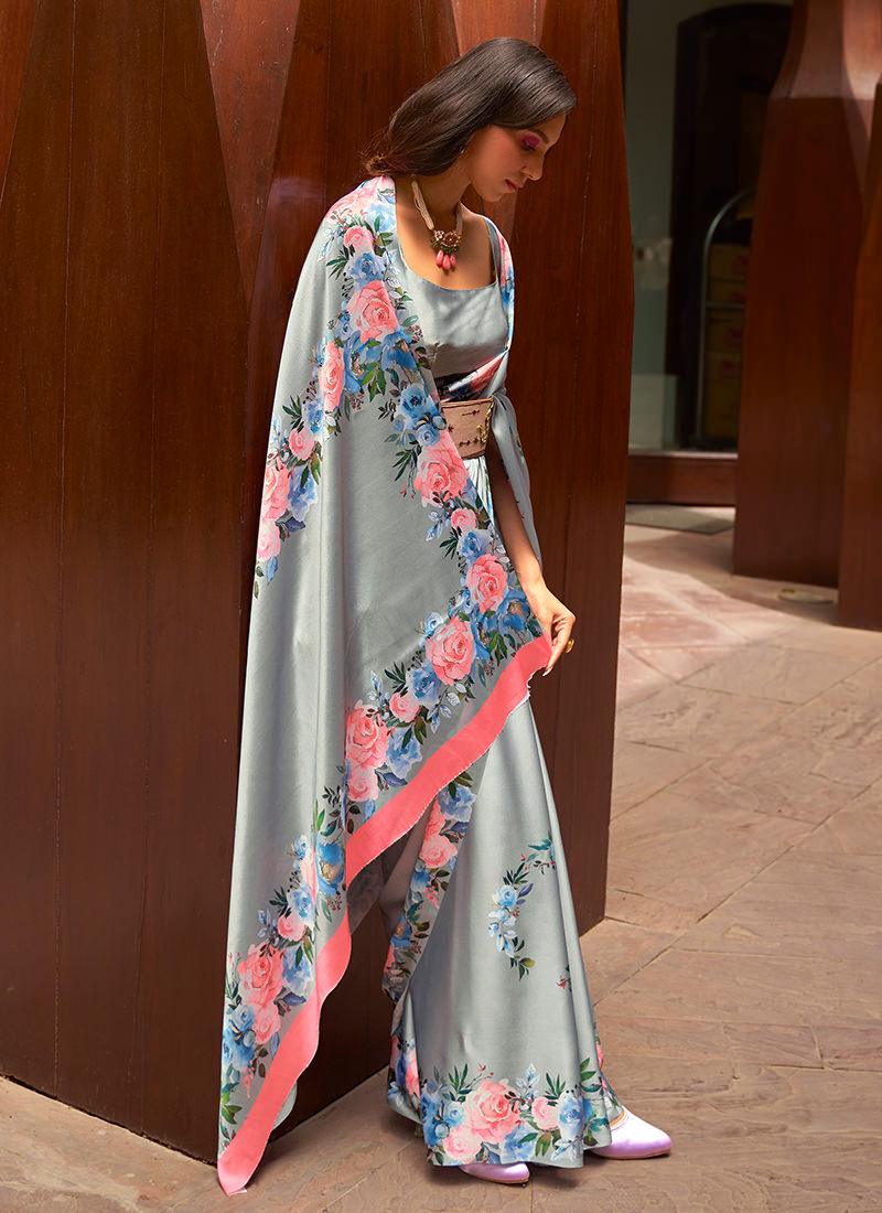 Grey Satin Crepe Floral Saree Cheap Pice Buy Discount