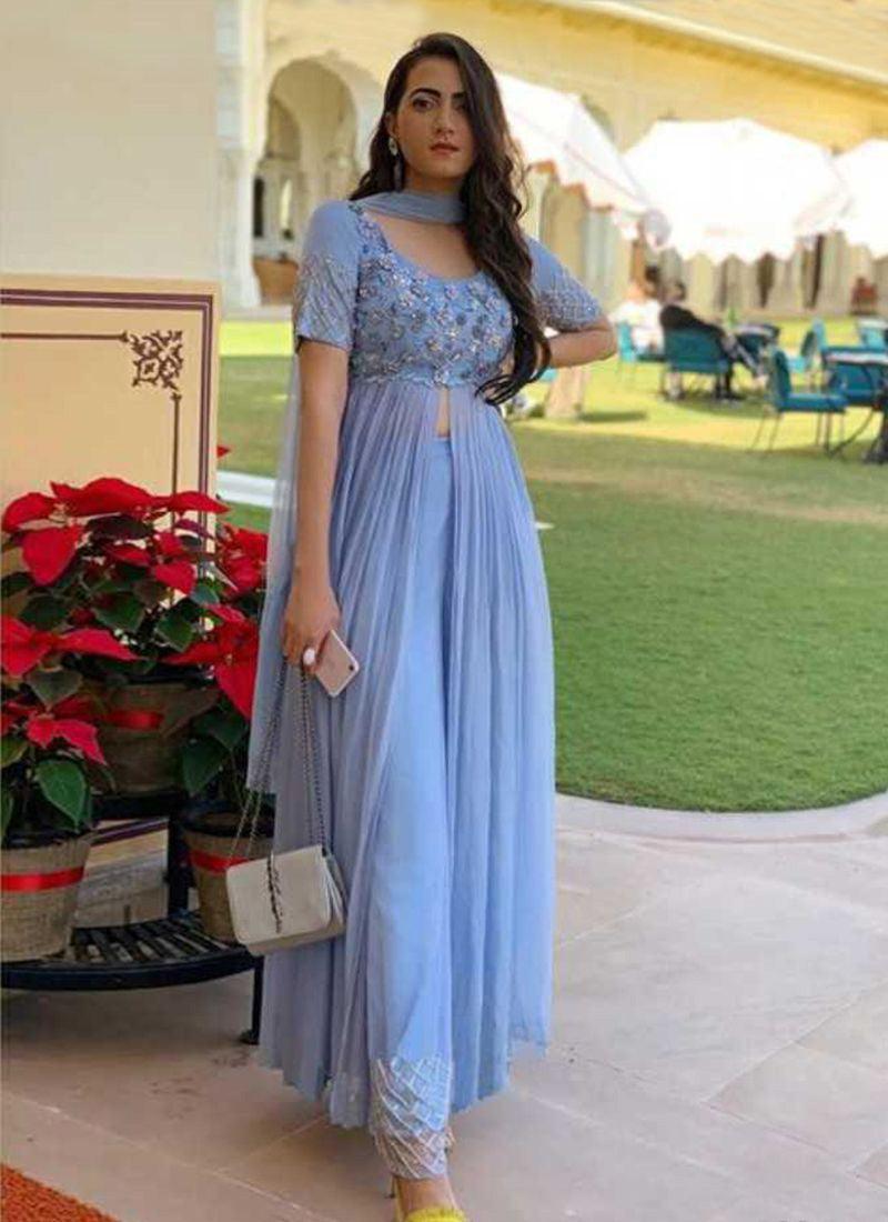 Sky Blue Color Georgette Fabric Thread And Zari Work Slit-Cut Salwar Suit Discounts Sale Online