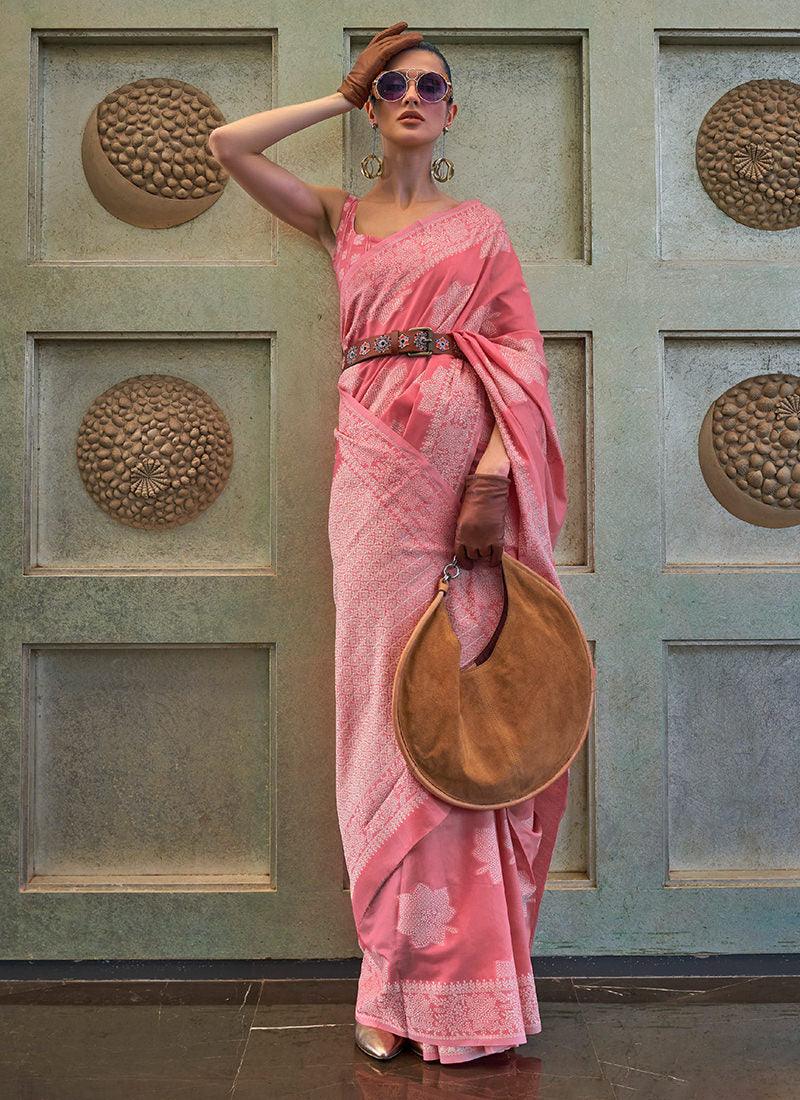 Pink Color Lucknowi Silk Classic Saree Cheap Best Wholesale