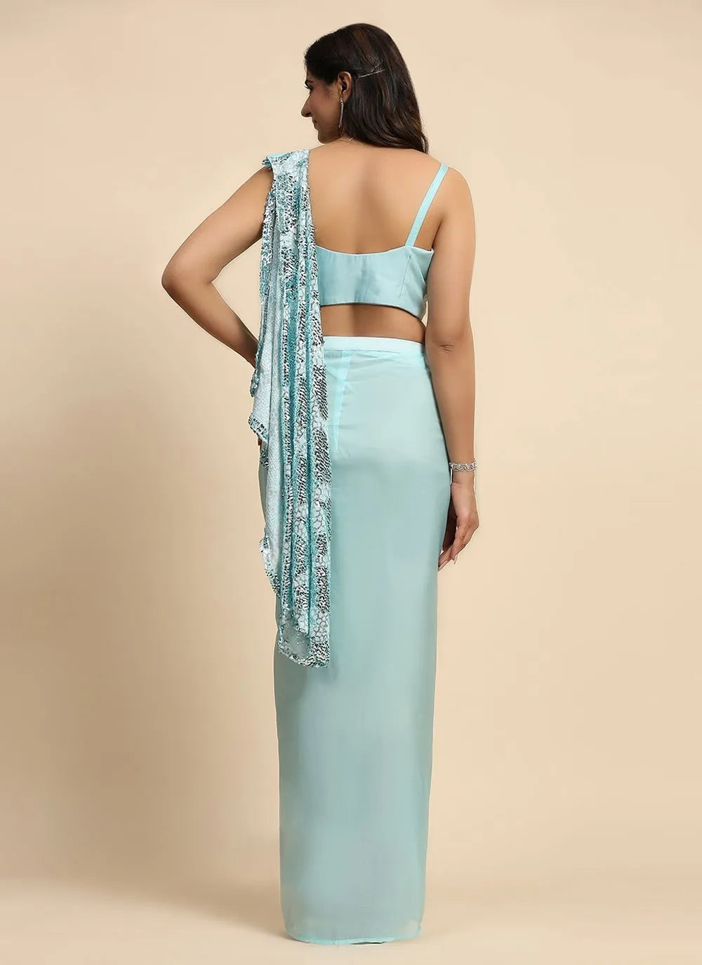 Sky Blue Organza Silk Sequins Embroidered Ready To Wear Saree Big Sale Cheap Online