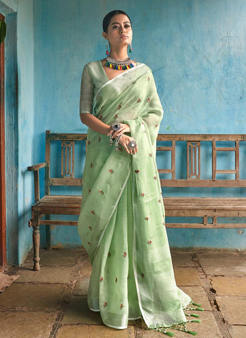 Sea Green Linen Saree With Deep Neckline Blouse Discount Best Seller