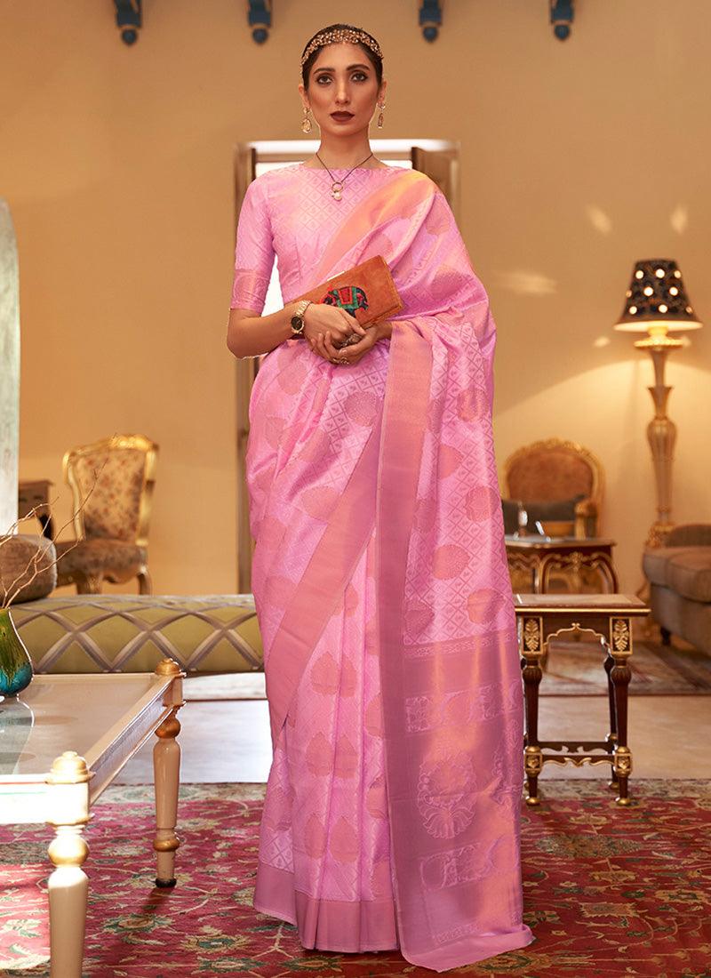 Silk Base Pink Color Silk Weave Saree With Boat Neck Blouse Cheap Sale Visit