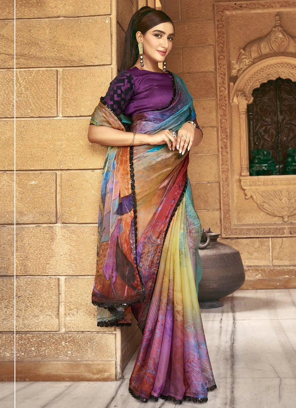 Abstract Printed Saton Silk Bead Sequins Worked Designer Saree Buy Cheap Pice