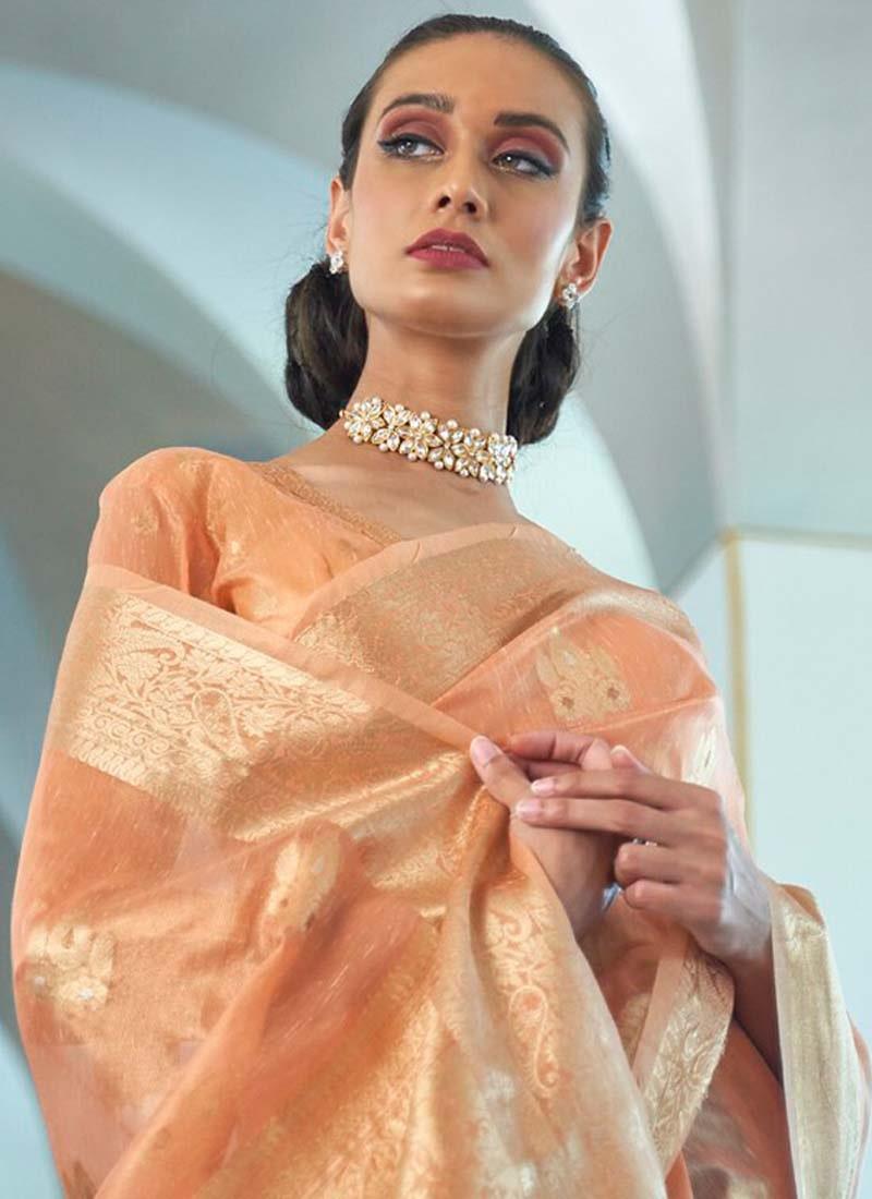 Peach Color Silk Weaving Organza Fabric Ethnic Wear Saree Sale With Credit Card