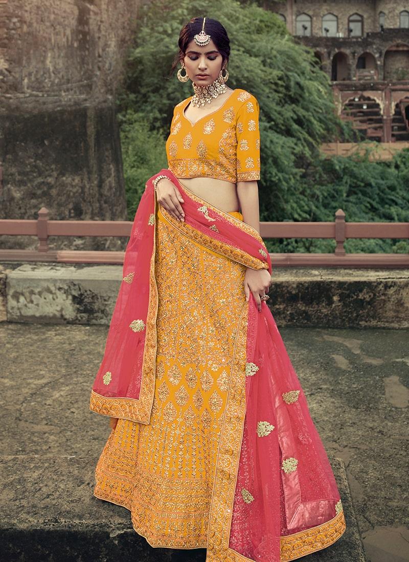 Satin Fabric Mustard Yellow Color Zari Work Panelled Lehenga Choli Cost Online