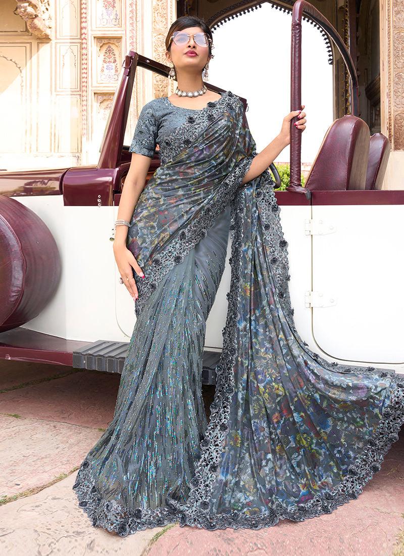 Digital Print And Moti Embellished Grey Net Saree Original Cheap Pice