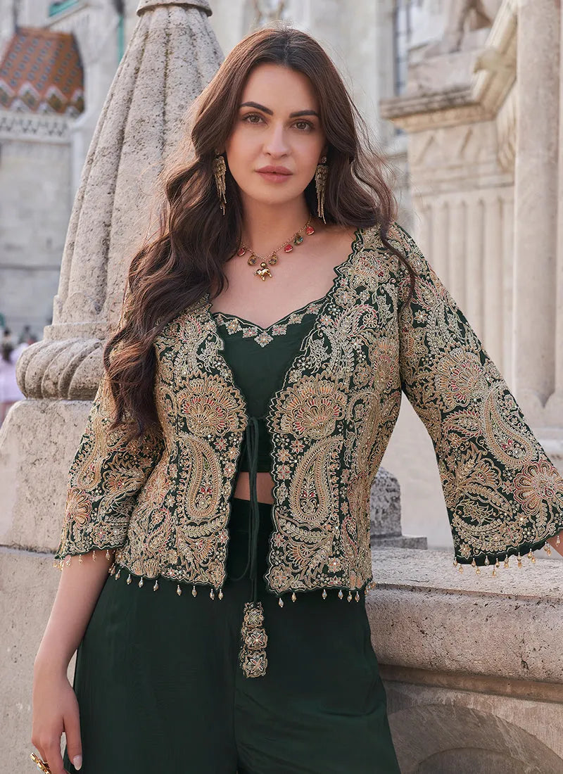 Dark Green Embroidered Jacket Style Designer Palazzo Suit Sale Best Pices