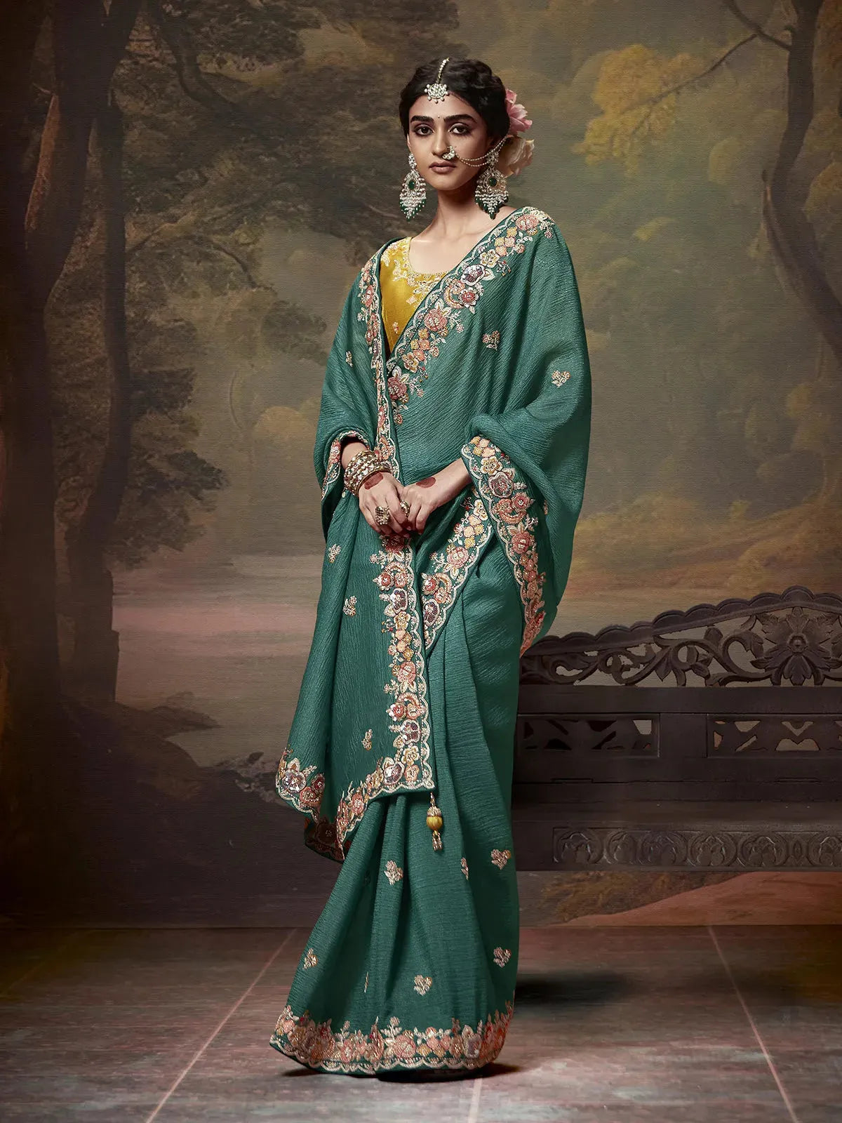 Elegant Aqua Green Embroidered Fancy Saree Real Online