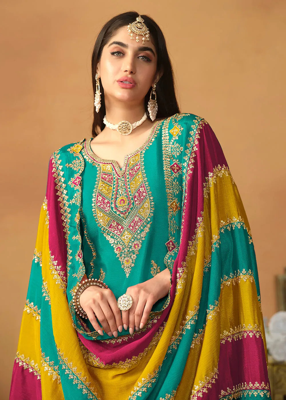 Glowing and Dazzling Chinon Silk Turquoise Salwar Suit Official Cheap Online