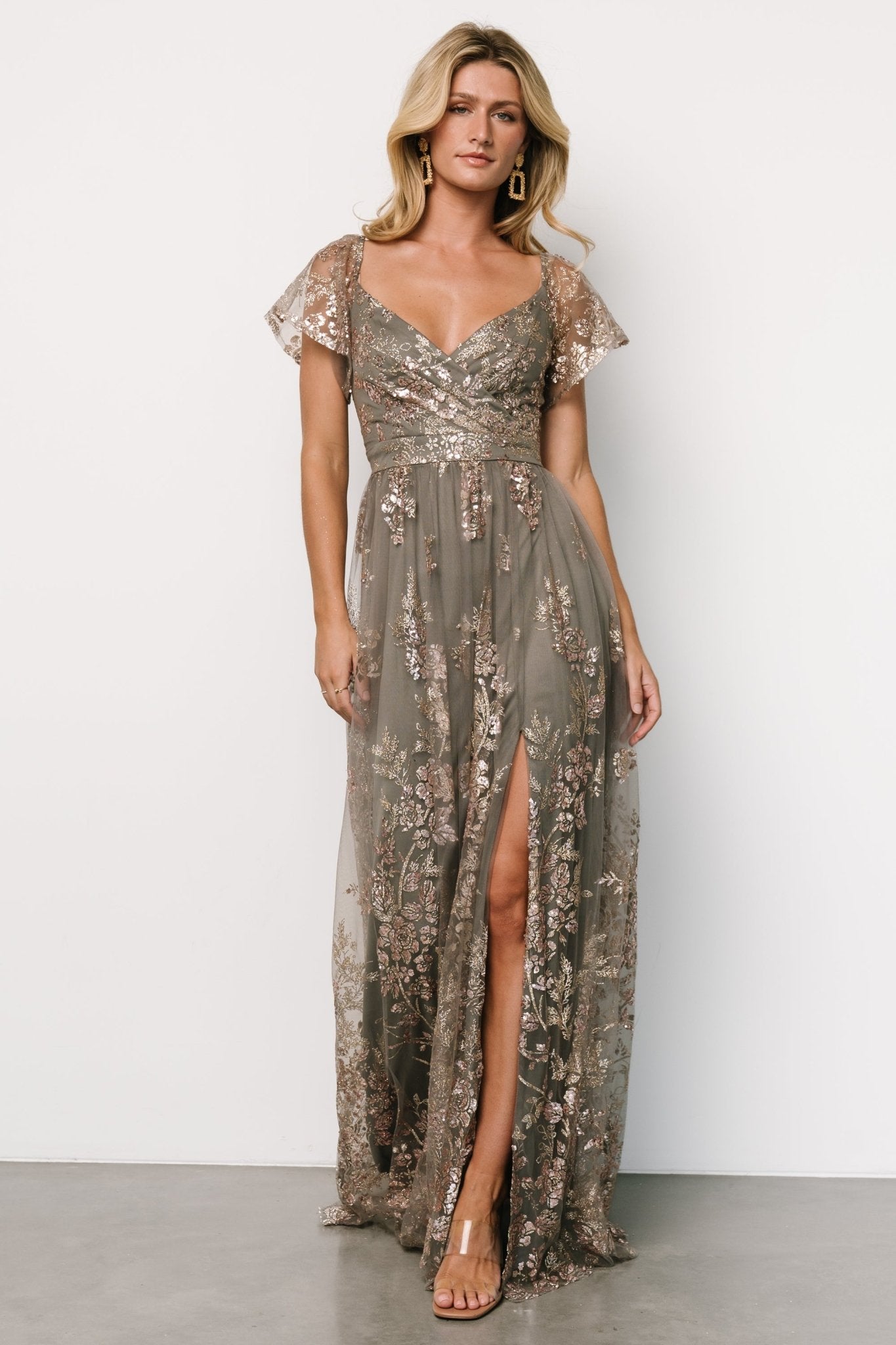 Corinne Shimmer Maxi Gown | Dark Sage + Rose Gold Marketable Cheap Pice