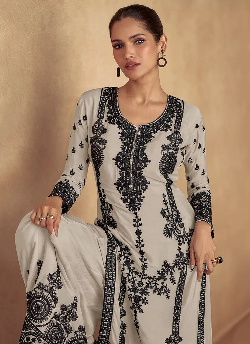 Heavenly Off-White Thread Embroidered Traditional Palazzo Suit Sale 100% Original