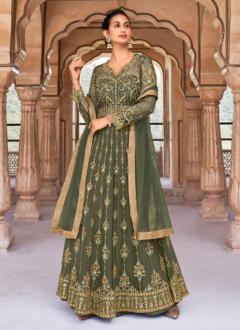 Forest Green Soft Net Base Heavy Swaroski Work With Full Sleeves Gown Discounts